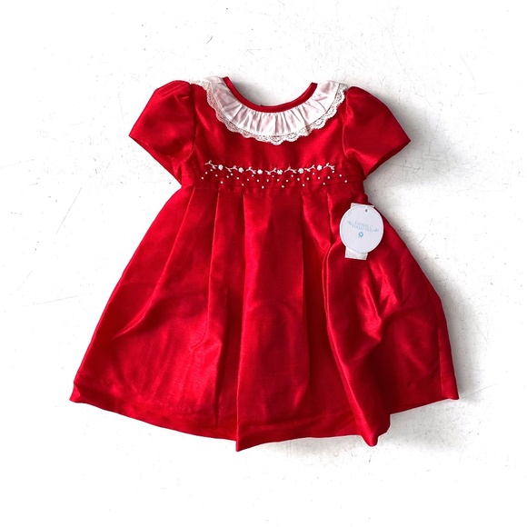 Edgehill Collection Nwt Baby Girl Ruffle Neck Short Sleeve Red Taffeta Dress